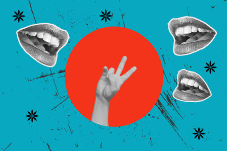 Collage of a man hand doing victory gesture on a red circle on a blue background with open woman mouthsの写真素材