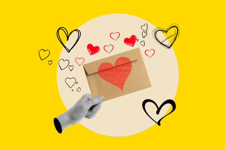 Collage of a woman hand holding an envelope with a red heart on a pink circle on a yellow background...