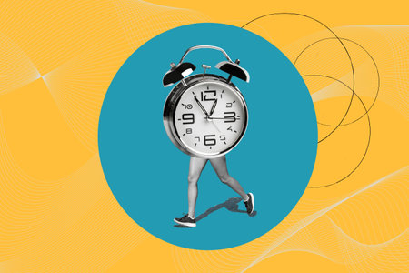 Woman legs with an alarm clock about what the body would be on a blue circle on an orange background...