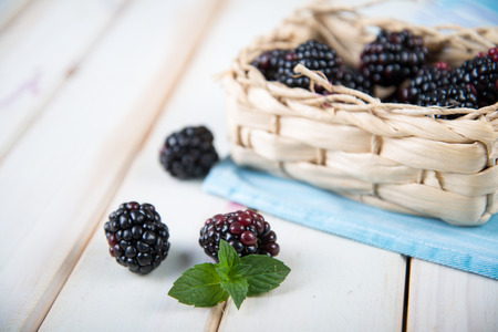 Fresh organic blackberries in  basket and blue kitchen cloth on white background retro kitchen tableの写真素材