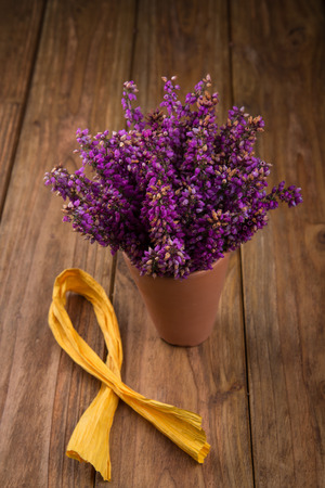 purple and viola heather flowers on wooden table in ceramic pot with yellow ribbonの写真素材