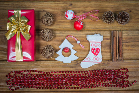 Top view over Christmas  items on wooden backgroundの写真素材