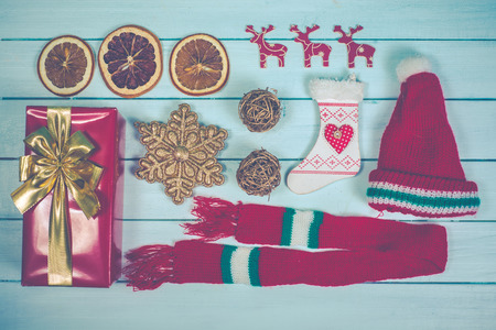 View from above on Christmas vintage decorations on tableの写真素材