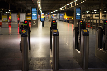 LONDON, ENGLAND - NOVEMBER 7, 2014  Electronic pass gate on metro tube station in London St Pancrasのeditorial素材