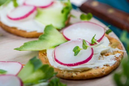 preparation of salty crackers with fresh radish and cottage cheeseの写真素材