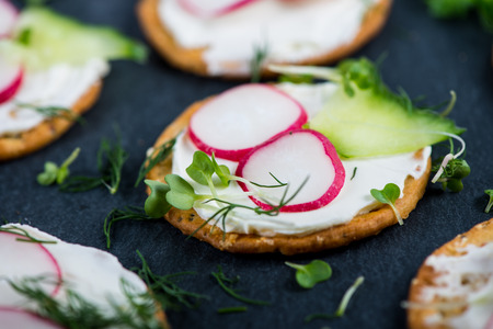 Crackers with cottage cheese, radish, cucumber decorated with cres salad and fresh herbsの写真素材