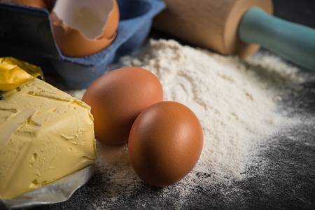 Baking background with ingredients from aboveの写真素材