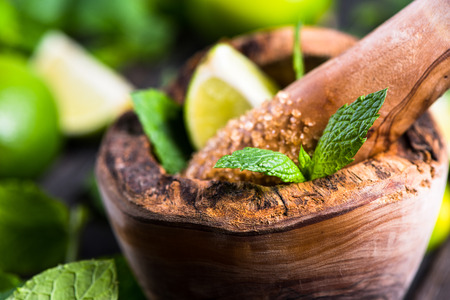 Preparation of summer mojito drink, ingredientsの写真素材