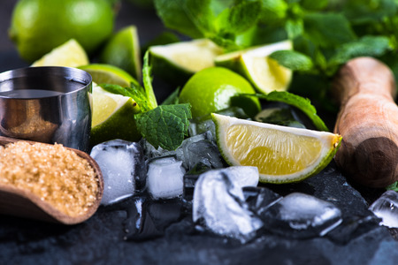 Ingredients for summer mojito on wooden tableの写真素材