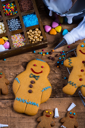 Happy gingerbread man on table, Christmas decoration
