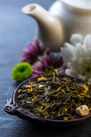 Aromatic tea with flowers and fruits, antioxidant and diet conceptの写真素材