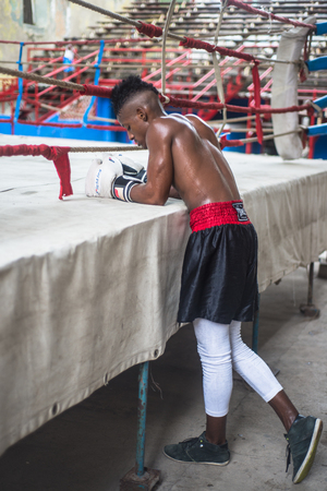 Havana, Cuba - September 22, 2015:  Young boxers train in famous boxing school of Rafael Trejo in Old Havana,Cuba. Box is Cuba national sport as well as baseball.のeditorial素材