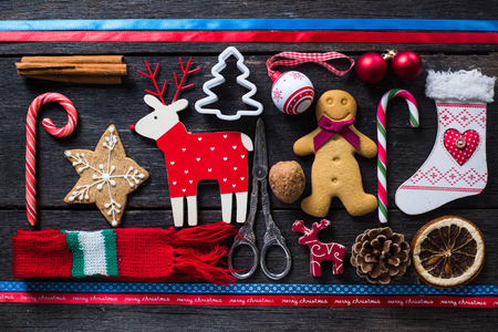 Vintage Christmas toys and ornaments from aboveの写真素材