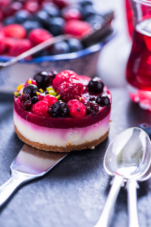 Homemade festive winter fruit cheesecake, from aboveの写真素材