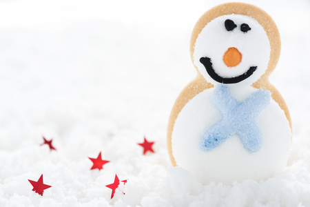 Happy gingerbread snowman on snow backgroundの写真素材