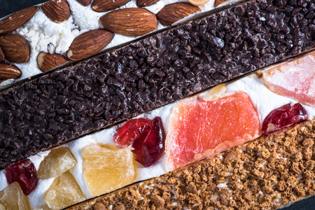 Traditional italian nougat bars, overhead, food backgroundの写真素材