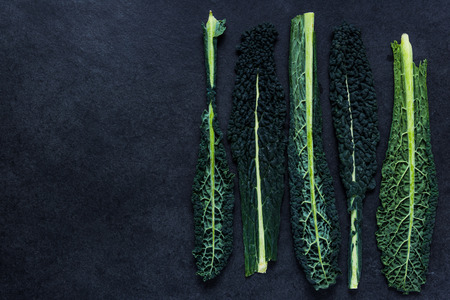 Fresh kale leaves on dark slate background.Lay flat from overhead.の写真素材