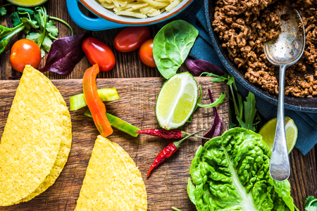 Mexican tacos with guacamole, traditional ethnic food.の写真素材