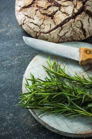 Home baked bread, food border background, dark slate with copy spaceの写真素材