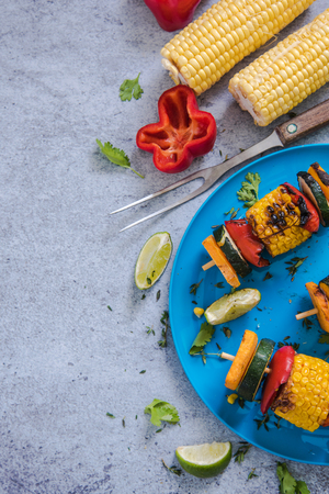 vibrant helthy bbq food, border background, flat lay top viewの写真素材