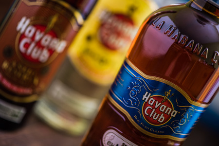 Havana,Cuba - May 23, 2016: Bottle of Havana Club rum. Established in 1878 in  Cuba, Havana Club is the world's No.3 international rum brand.Authentic Cuban rum perfect for Mojito and Daiquiri cocktails.のeditorial素材