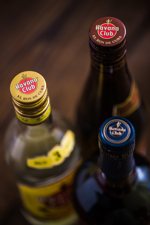 Havana,Cuba - May 23, 2016: Bottle of Havana Club rum. Established in 1878 in  Cuba, Havana Club is the world's No.3 international rum brand.Authentic Cuban rum perfect for Mojito and Daiquiri cocktails.のeditorial素材