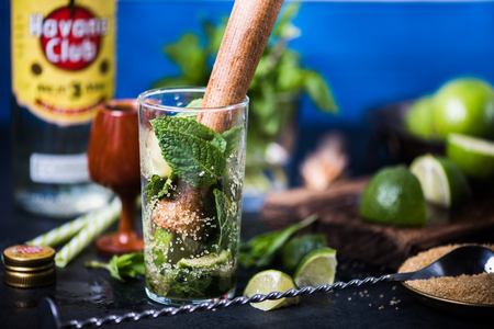 LONDON, UK  SEPTEMBER 3, 2016: Havana Club Rum used to prepare authentic Cuban Mojito cocktail.の写真素材