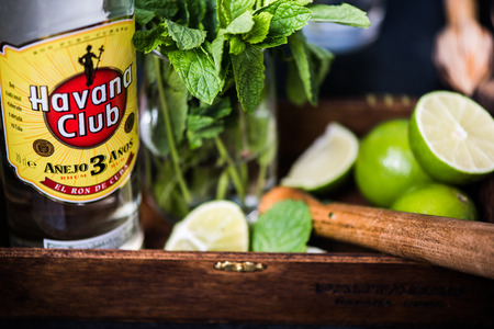 LONDON, UK â SEPTEMBER 3, 2016: Havana Club Rum used to prepare authentic Cuban Mojito cocktail.のeditorial素材