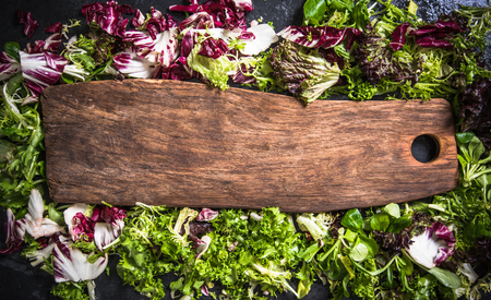 chopping board copy space and salad, text spaceの写真素材