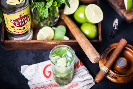 LONDON, UK â SEPTEMBER 3, 2016: Havana Club Rum used to prepare authentic Cuban Mojito cocktail.のeditorial素材