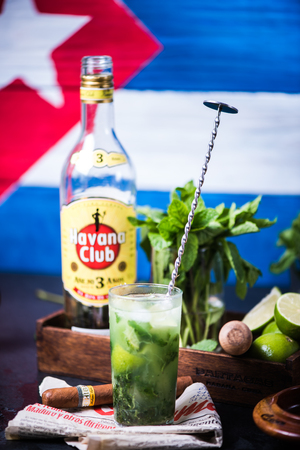 LONDON, UK â SEPTEMBER 3, 2016: Havana Club Rum used to prepare authentic Cuban Mojito cocktail.のeditorial素材