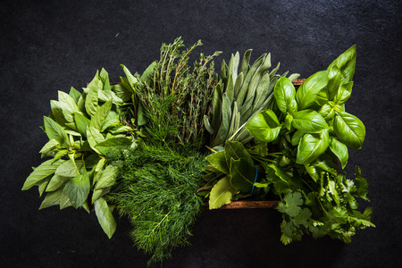 Fresh herbs in wooden rustic box, from aboveの写真素材