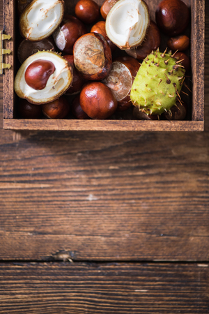 Autumnal chestnuts in wooden box, copy spaceの写真素材