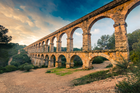 Roman Ponte del Diable in tarragona,Spain at sunsetの写真素材