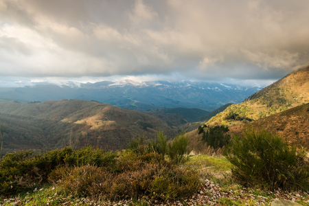 Mountain view from Azpirotz in Navarra,Spain. Vista over snowy peaks.の写真素材