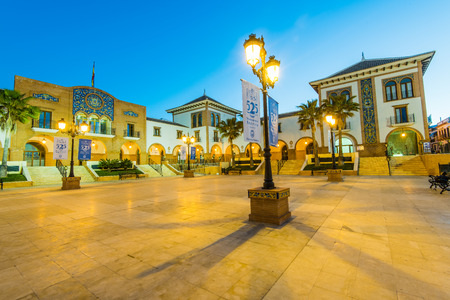 Palos de la Frontera, Spain - April 09, 2017:Beutiful city square ,illuminated at blue hour, from where Christopher Colomb set sail to discover America.のeditorial素材