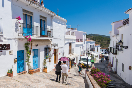 Frigiliana, Spain - May 05, 2017:  Historic streets of famous Frigiliana village near Nerja, Spain at sunny summer day.のeditorial素材