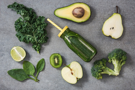 Ingredients for green heatlhy smoothie, overhead viewの写真素材