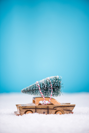 Car carry Christmas tree on roof in snowの写真素材