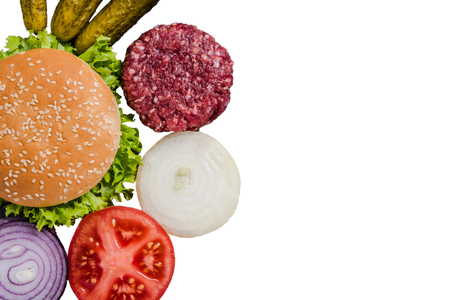 Hamburger ingredients, restaurant menu on white backgroundの写真素材