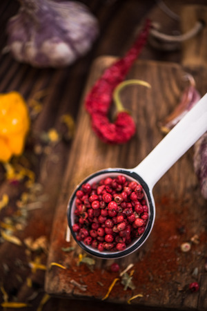 Red pepper whole seeds on spoon.の写真素材