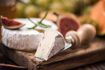 Close view on camemberd cheese slice on cheese knife.の写真素材