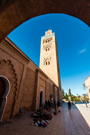 Marrakech,Morocco - January 23rd 2018: Sellers with traditional Moroccan items by Koutoubia Mosque in Marrakesh,Morocco.のeditorial素材