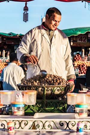 Marrakech,Morocco - January 2018: Street food stall on Jamaa El Fna market squareのeditorial素材