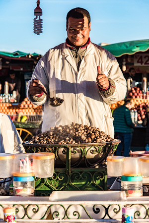 Marrakech,Morocco - January 2018: Street food stall on Jamaa El Fna market squareのeditorial素材