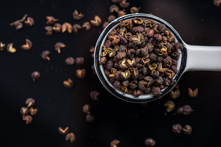 Ceramic spoon with Nepalese Timut pepper seedの写真素材