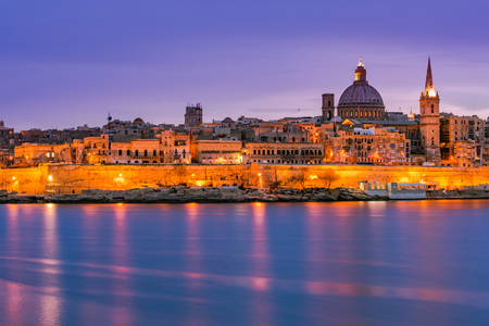 Valletta skyline night view,Malta.の写真素材