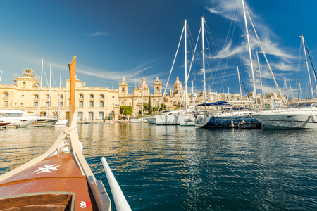 Malta marina seen from traditional wooden boat.のeditorial素材