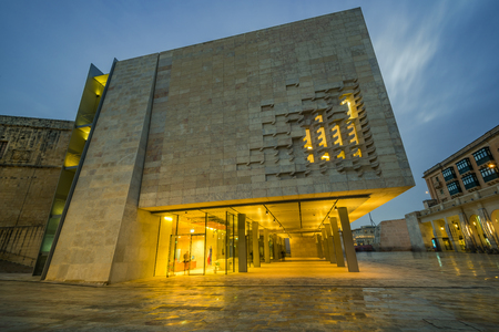 Illuminated Parliament of Malta building. Modern architecture.のeditorial素材