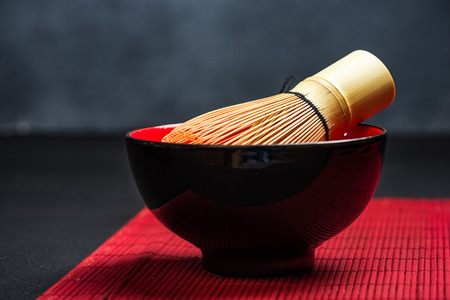 Ceramic bowl and tea whisk. Asian or Japan tea ceremony.の写真素材